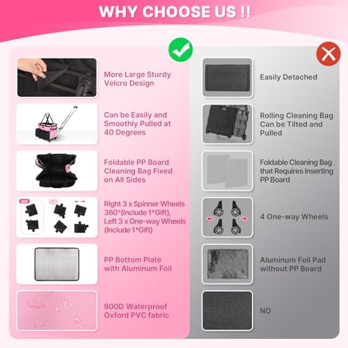 JKAOO Large Rolling Cleaning Caddy Bag with Detachable Trolley, Pink