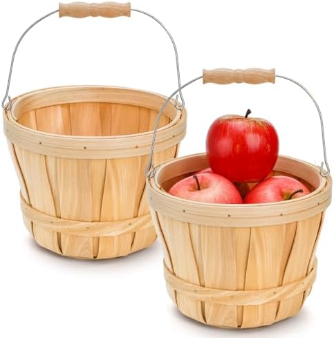 Okllen 2 Pack Round Wooden Baskets with Handle, Empty Wood Fruit Buckets, Eas...