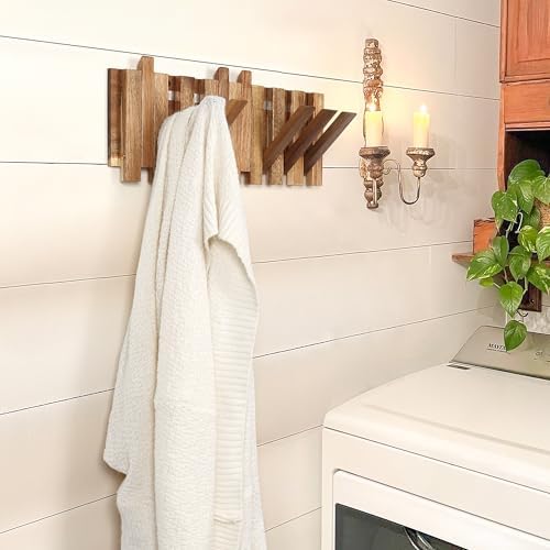 Wall Coat Rack for Entryway: Folding Wood Rustic 8 Hooks