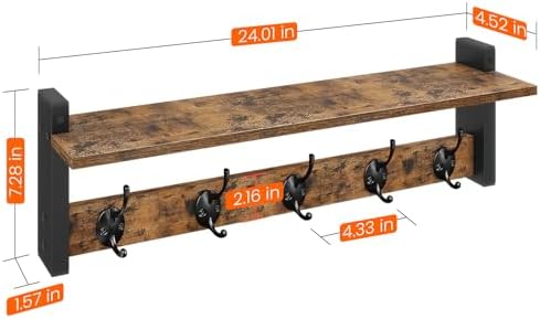 Homode Coat Rack with Wall Mount, 24 Inch Long Entryway Wall Shelf with Hooks...