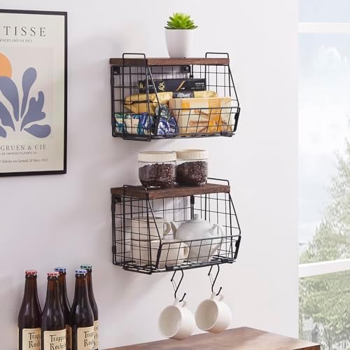 Wall Hanging Baskets 2 Pack Wooden Top Floating Wire Shelves (Large)