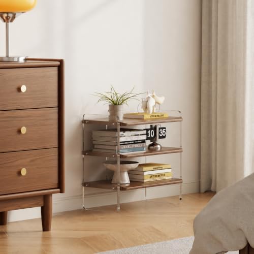 3-Tier Shoe Rack, Wood Acrylic Shoe Shelf, Walnut, 19.5" W