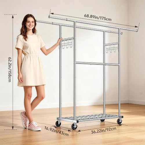 Heavy Duty Clothes Rack Load 550LBS, Rolling Clothing Rack Silver
