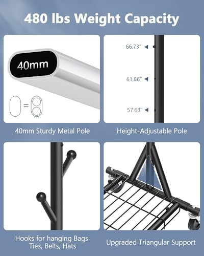Hoctieon 1-Minute Assembly Clothes Rack, 480 lbs Heavy Duty Rolling Clothing ...