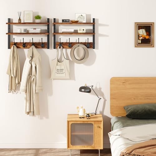 Double Shelf Coat Rack Wall Mount with 8 Hooks, Rustic Brown HWS009H-2