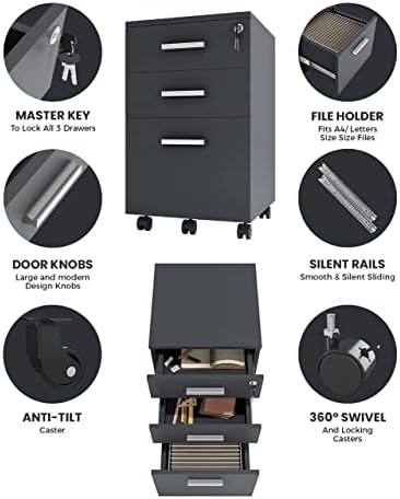 Modern Designs Lazio Black File Cabinet, Filing Cabinets for Home Office, Dra...