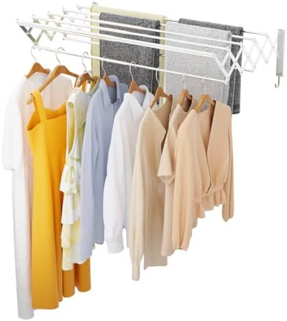 | Clothes Drying Rack Wall Mounted with Hooks - Foldable & Removable Laun...