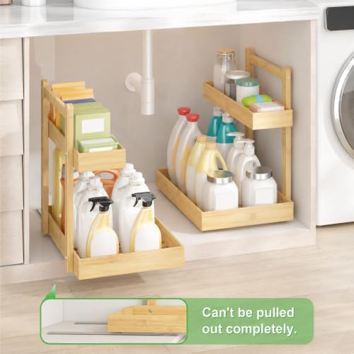 Bamboo Under Sink Organizer 2 Pack, 2-Tier Pull Out Cabinet Organizer