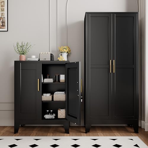 GAIOUS Black Metal Pantry Cabinet with Lock(Two Units), Sideboard Buffet