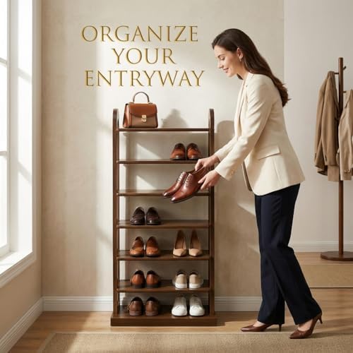 43.7" Wooden Shoe Rack - Vertical Shoe Organizer Rack for Small Space, N...