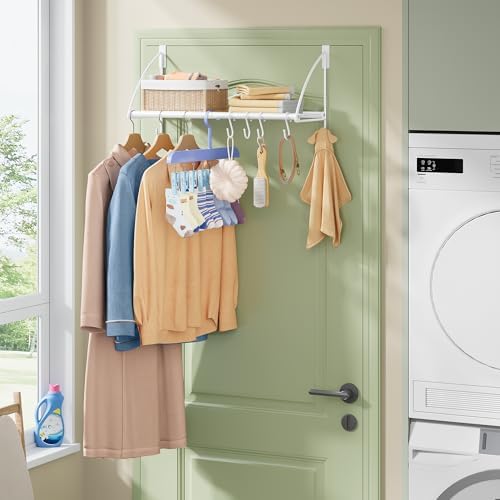 Tajsoon 24.2" Over the Door Clothes Hanger with Storage Rack and Hook White