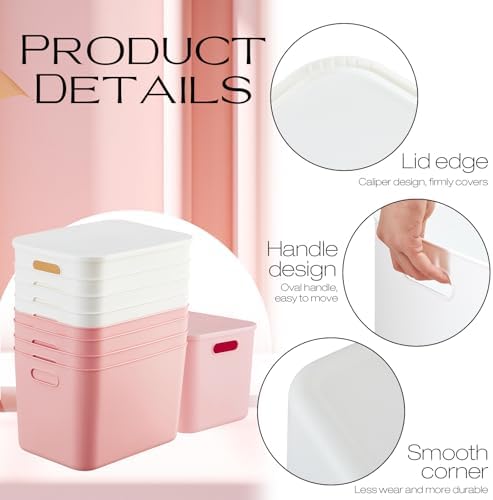 Hoolerry 8 Pieces Storage Bins, 14.2 x 10.2 x 9.5 Inch, White and Pink