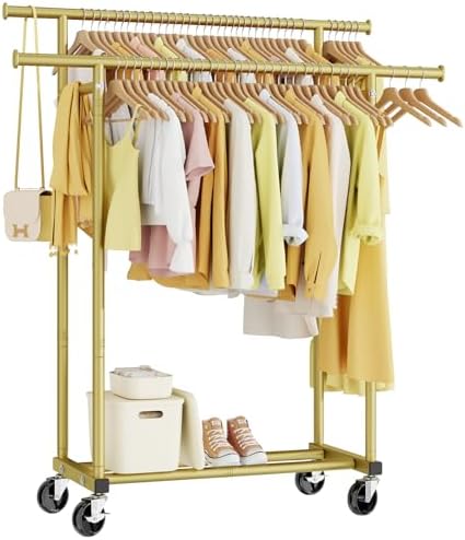 HYSEYY Double Rods Clothes Rack, Sturdy Rolling Clothing Rack, Portable Cloth...