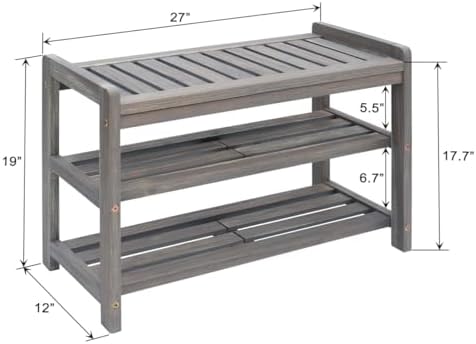 27-Inch 3-Tier Wooden Entryway Shoe Bench - Brush Grey