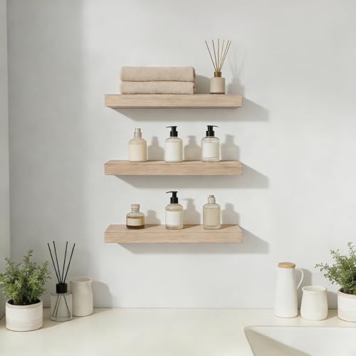 AHDECOR Floating Shelves, Wall Mounted Set of 3 Rustic Wooden Ledge Shelves D...