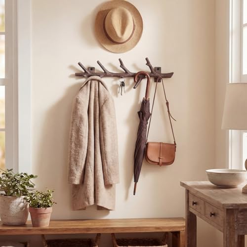 12" Cast Iron Tree Branch Vertical Coat Hat Rack Wall Mount Heavy Duty D...
