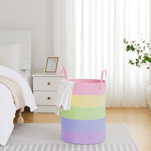 VIPOSCO 72L Tall Woven Rope Laundry Hamper, Leather Handles, Rainbow