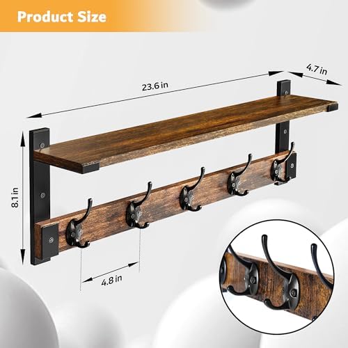 Oraich Coat Rack Wall Mount with Hooks and Shelf for Coat, Backpack, Key, Clo...