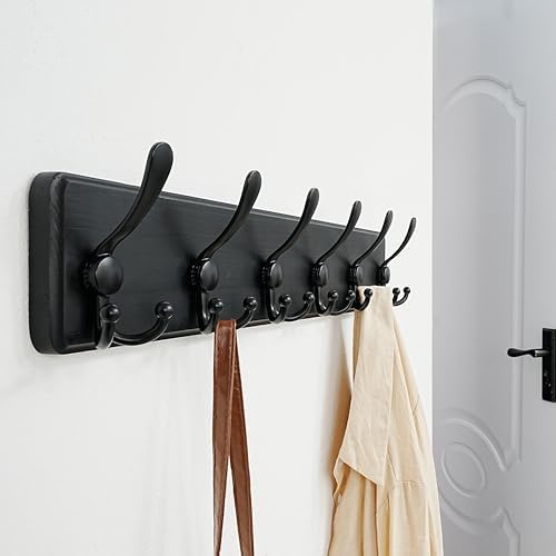 Dseap Coat Rack Wall Mounted - 24" Long 6 Tri Hooks, Heavy Duty Wooden W...