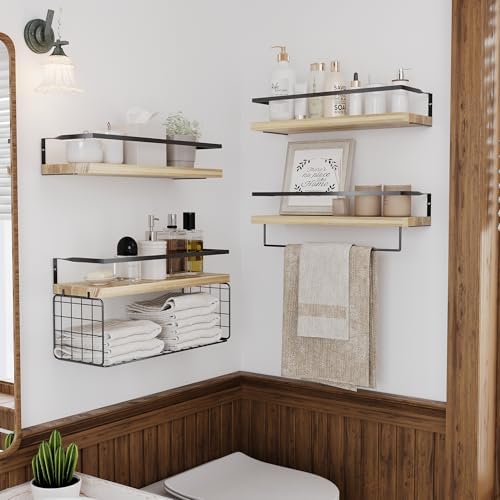 Wood Floating Shelves Wall Mounted - 4+1 Tier Rustic Bathroom Wall Shelves Ov...