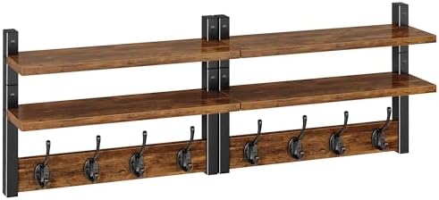 Double Shelf Coat Rack Wall Mount with 8 Hooks, Rustic Brown HWS009H-2