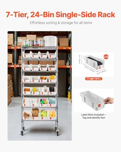 VEVOR 7-Tier Rolling Bin Storage Rack, 24 Small Bins, Bin Rack Storage Steel ...