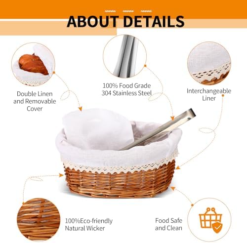 Ziliny 2 Set 11" 12" Bread Basket, Natural with White Liner Cover