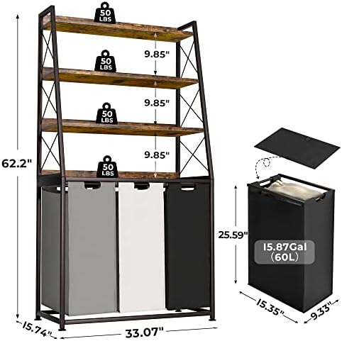 Herture Laundry Basket, 3 Section Laundry Hamper with 4 Tiers Shelf, Pull-Out...