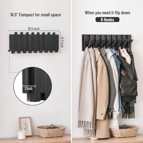Wall Coat Rack for Entryway: Folding Wood 8 Hooks for Small Space