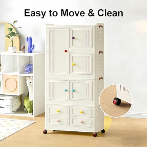 Foldable Storage Cabinet with Wheels & Lids, Large Capacity Closet Organi...
