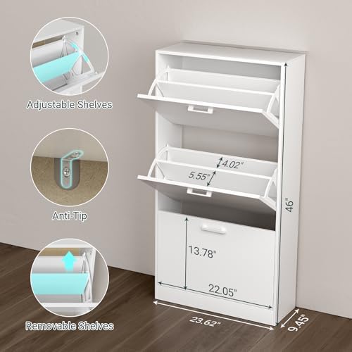 Slim Narrow Shoe Cabinet with 3 Flip Drawers for Entryway, Hallway