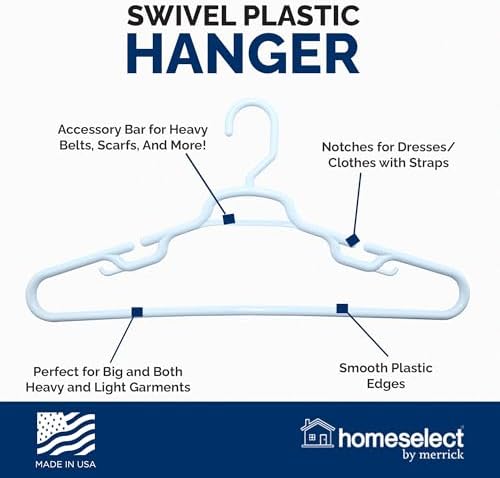 Homeselect 32 Pack Swivel Plastic Hangers with Shoulder Grooves, White Plasti...