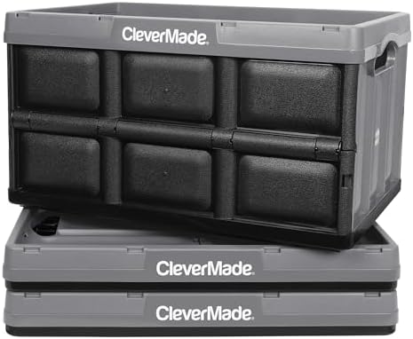 CleverMade Collapsible Storage Bins, 62L 3 Pack, 100 lb Stackable, Stone