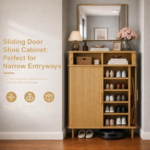 DreamDashio 5-Tier Shoe Cabinet with Sliding Tambour Door, Set of 2, Natura