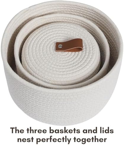 Set of 3 Small Woven Baskets with Lids, Cotton Rope Round Nesting Storage Bas...