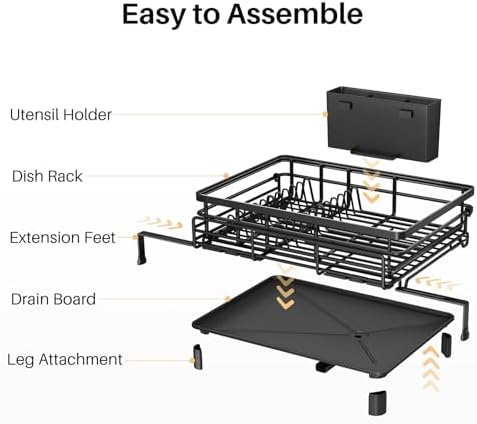 Expandable Dish Drying Rack for Kitchen Counter, Stainless Steel, Black