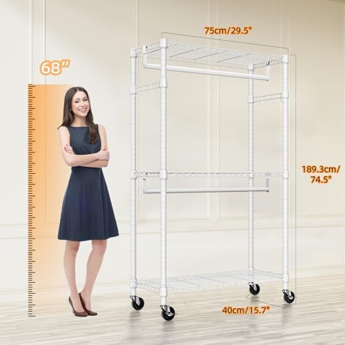 M MZG Heavy Duty Rolling Garment Rack 3 Tiers Adjustable Wire Shelving Clothe...