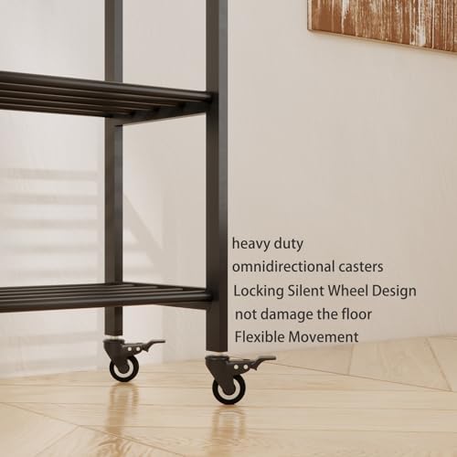 Black Rolling Garment Rack with Shelves and Hooks,Freestanding Metal Clothing...