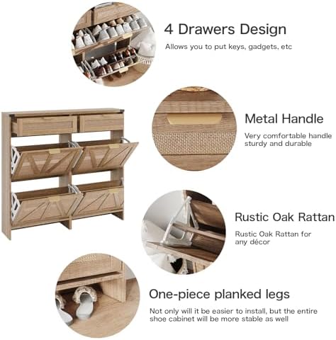 Halitaa Shoe Cabinet with 4 Flip Drawers & 2 Drawers,Farmhouse Shoe Stora...