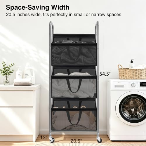 STO STO 3-Tier Vertical Rolling Laundry Hamper, Removable Bags, Black Mesh