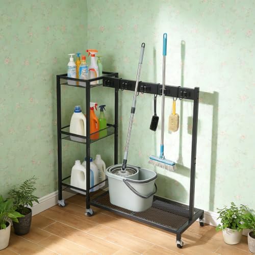 Broom Holder with Cleaning Supplies Organizer, Freestanding, Black