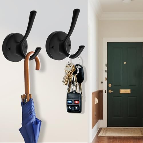 TOFIIGREM Black Wall Hooks, 6 Pack Coat Towel Hook Heavy Duty Metal Double Ba...