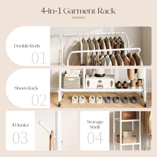 Yoobure Double Rods Clothes Rack - Portable Clothing Rack with Wheels, Rollin...