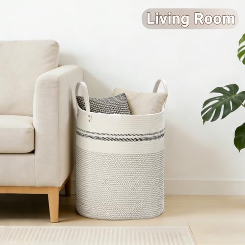 VIPOSCO 53L Tall Woven Rope Laundry Hamper, Leather Handles, Stripe White