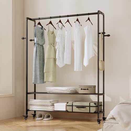 Black Rolling Garment Rack with Shelves and Hooks,Freestanding Metal Clothing...