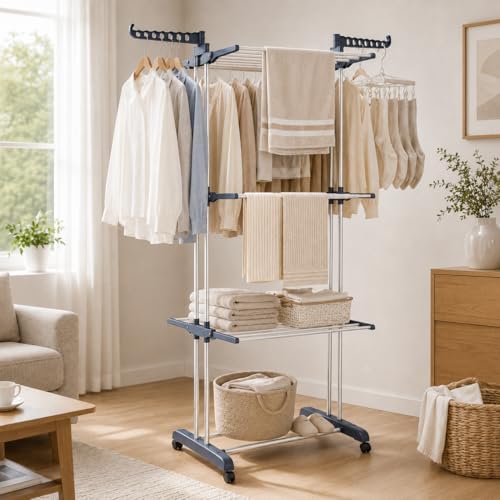 Clothes Drying Rack, 4-Tier Foldable Drying Rack Clothing with 4 Castors, 24 ...