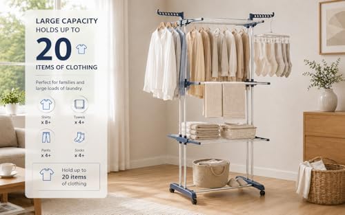 Clothes Drying Rack, 4-Tier Foldable Drying Rack Clothing with 4 Castors, 24 ...