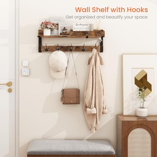 Homode Coat Rack with Shelf, Wall Shelf with Hooks, Rustic Brown Black