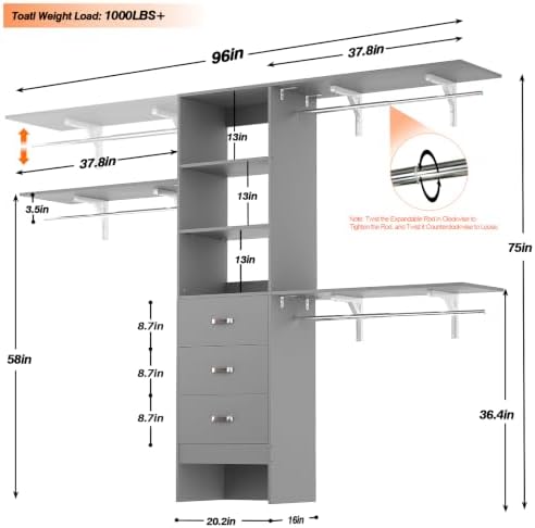 iSunirm 8FT Closet System, 96'' Closet Organizer System with 3 Hangin...