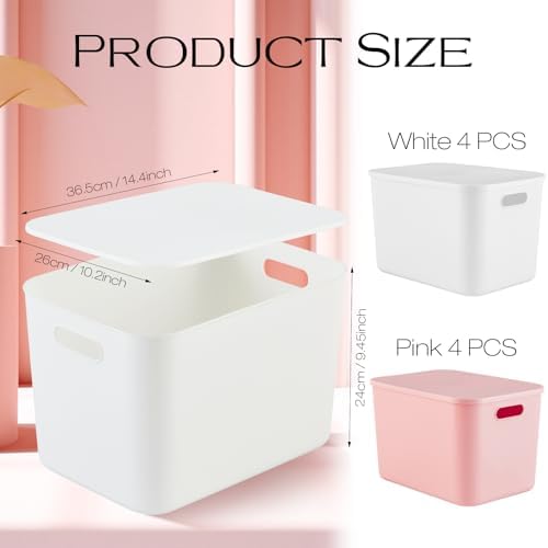Hoolerry 8 Pieces Storage Bins, 14.2 x 10.2 x 9.5 Inch, White and Pink